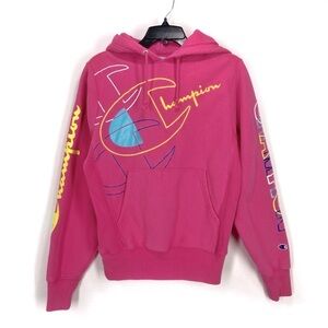 Champion Sweatshirt Reverse Weave Hoodie Multiple Graphics in Bubblegum Pink S